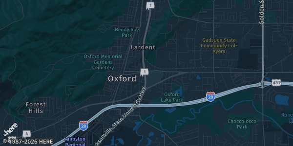 Map of Oxford, AL. The exact address of Quintard Mall is not known, so the map shows the area rather than a specific building.