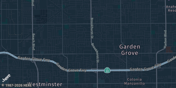 Map of Garden Grove, CA. The exact address of Delta Hotels by Marriott Anaheim Garden Grove is not known, so the map shows the area rather than a specific building.