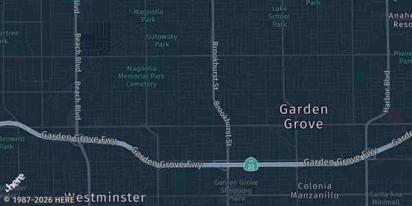 Map of Garden Grove, CA. The exact address of Delta Hotels by Marriott Anaheim Garden Grove is not known, so the map shows the area rather than a specific building.