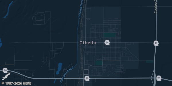 Map of Othello, WA. The exact address of The Pizza Factory is not known, so the map shows the area rather than a specific building.