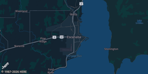 Map of Escanaba, MI. The exact address of UP State Fairgrounds-Delta Chamber of Commerce Building is not known, so the map shows the area rather than a specific building.
