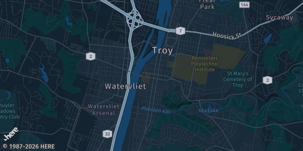 Map of Troy, NY. The exact address of Joseph L Bruno Stadium is not known, so the map shows the area rather than a specific building.