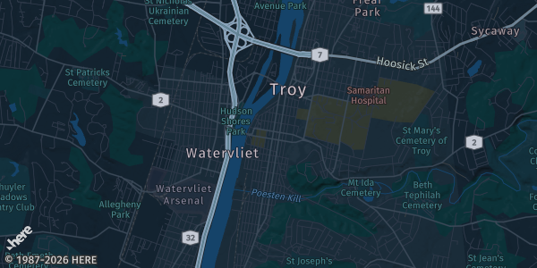 Map of Troy, NY. The exact address of Joseph L Bruno Stadium is not known, so the map shows the area rather than a specific building.
