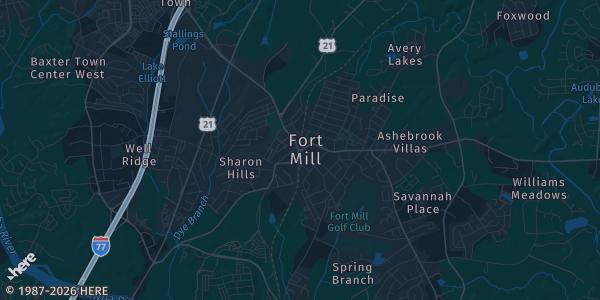 Map of Ft. Mill, SC. The exact address of Sisk Memorial Baptist Church is not known, so the map shows the area rather than a specific building.