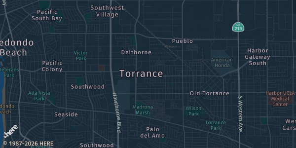 Map of Torrance, CA. The exact address of Torrance Marriott Grand Ballroom is not known, so the map shows the area rather than a specific building.