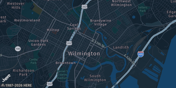 Map of Wilmington, DE. The exact address of Wilmington, DE is not known, so the map shows the area rather than a specific building.