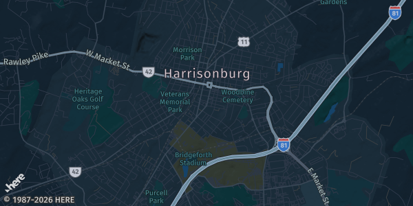 Map of Harrisonburg, VA. The exact address of Doubletree by Hilton is not known, so the map shows the area rather than a specific building.
