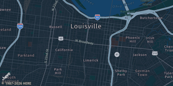 Map of Louisville, KY. The exact address of Our City Church is not known, so the map shows the area rather than a specific building.