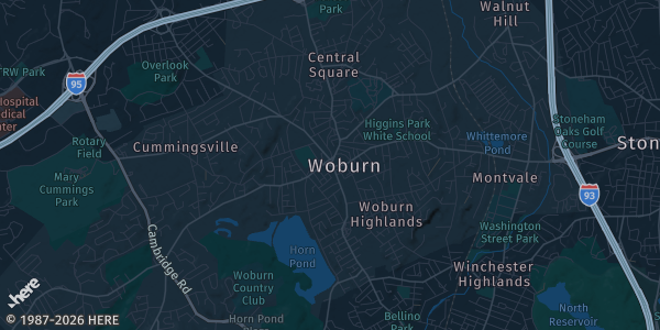 Map of Woburn, MA. The exact address of Lord Hobo Brewing Company is not known, so the map shows the area rather than a specific building.