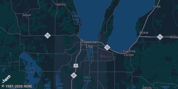 Map of Traverse City, MI. The exact address of Hemming Hall is not known, so the map shows the area rather than a specific building.