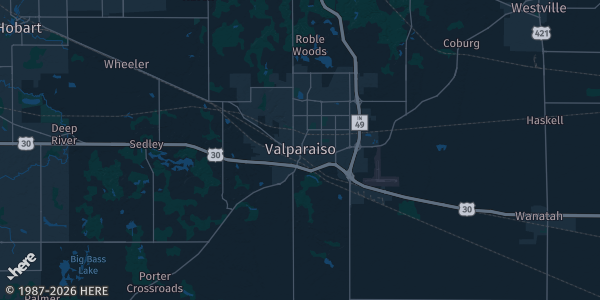 Map of Valparaiso, IN. The exact address of Valparaiso National Guard Armory is not known, so the map shows the area rather than a specific building.
