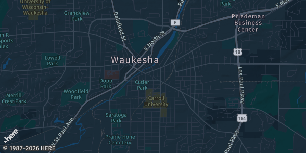Map of Waukesha, WI. The exact address of The Waukesha Expo Center is not known, so the map shows the area rather than a specific building.