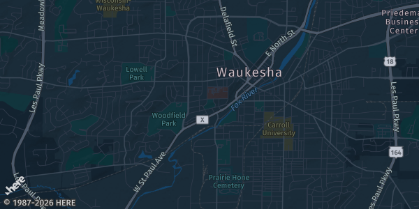 Map of Waukesha, WI. The exact address of Waukesha Expo Center (Arena) is not known, so the map shows the area rather than a specific building.