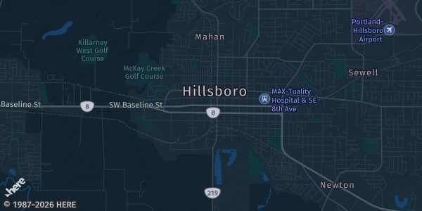 Map of Hillsboro, OR. The exact address of Wingspan Event and Conference Center is not known, so the map shows the area rather than a specific building.