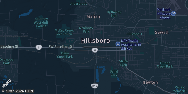 Map of Hillsboro, OR. The exact address of Wingspan Event and Conference Center is not known, so the map shows the area rather than a specific building.