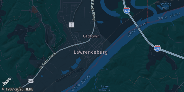 Map of Lawrenceburg, IN. The exact address of Lawrenceburg High School Main Gym & Aux Gym is not known, so the map shows the area rather than a specific building.