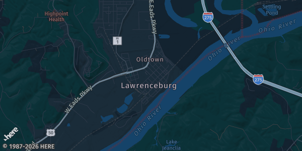 Map of Lawrenceburg, IN. The exact address of Lawrenceburg High School Main Gym & Aux Gym is not known, so the map shows the area rather than a specific building.