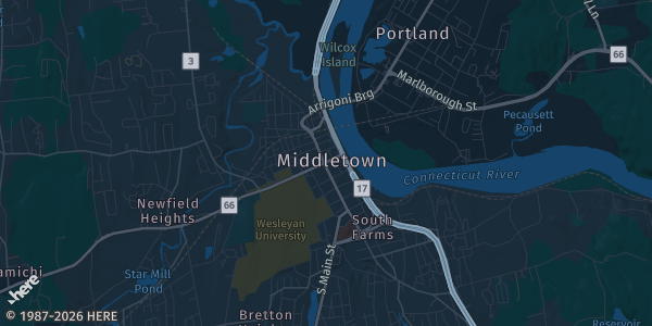 Map of Middletown, CT. The exact address of Vale Fieldhouse is not known, so the map shows the area rather than a specific building.