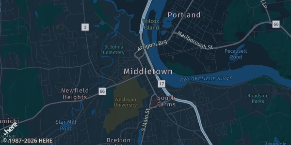 Map of Middletown, CT. The exact address of Vale Fieldhouse is not known, so the map shows the area rather than a specific building.