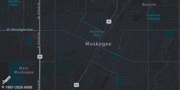 Map of Muskogee, OK. The exact address of Muskogee Civic Center is not known, so the map shows the area rather than a specific building.