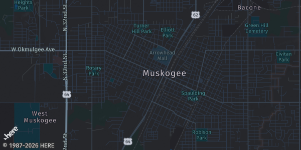 Map of Muskogee, OK. The exact address of Muskogee Civic Center is not known, so the map shows the area rather than a specific building.