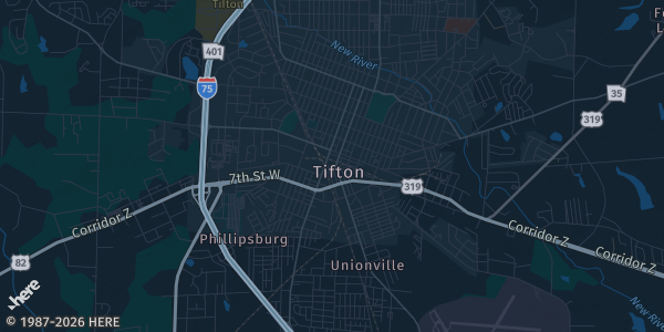 Map of Tifton, GA. The exact address of Abraham Baldwin Agricultural College, Gressette Gymnasium is not known, so the map shows the area rather than a specific building.