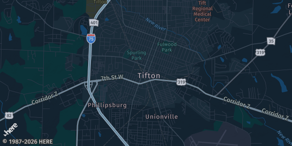 Map of Tifton, GA. The exact address of Abraham Baldwin Agricultural College, Gressette Gymnasium is not known, so the map shows the area rather than a specific building.