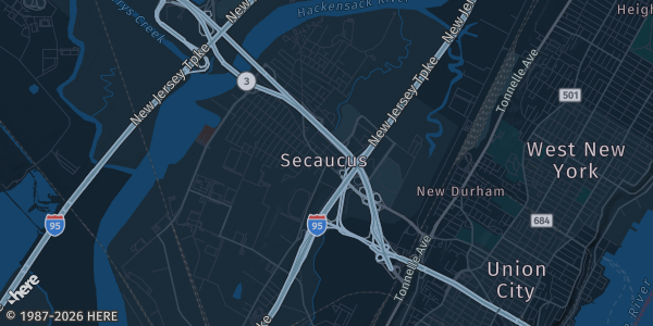 Map of Secaucus, NJ. The exact address of La Quinta Inn & Suites is not known, so the map shows the area rather than a specific building.