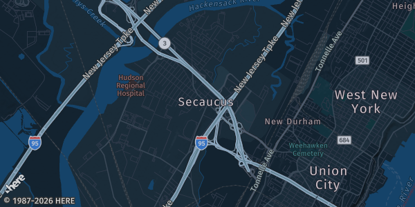 Map of Secaucus, NJ. The exact address of La Quinta Inn & Suites is not known, so the map shows the area rather than a specific building.