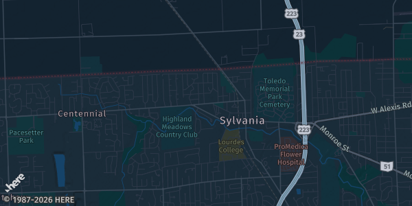 Map of Sylvania, OH. The exact address of The American Legion Hall is not known, so the map shows the area rather than a specific building.