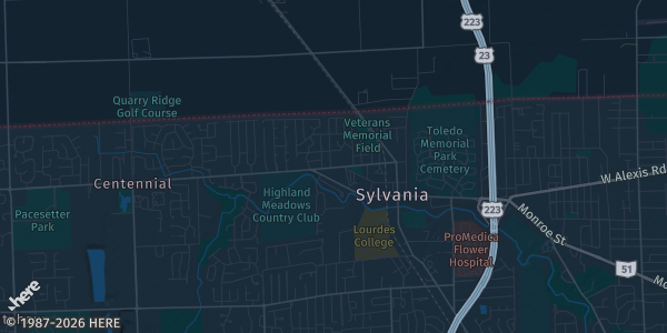 Map of Sylvania, OH. The exact address of The American Legion Hall is not known, so the map shows the area rather than a specific building.