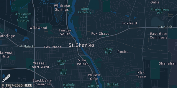 Map of St. Charles, IL. The exact address of Kane County Fairgrounds Robinson Hall is not known, so the map shows the area rather than a specific building.