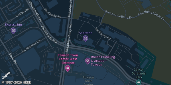 Map showing Sheraton Baltimore North Hotel in Towson, MD.