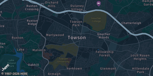 Map of Towson, MD. The exact address of Sheraton Baltimore North is not known, so the map shows the area rather than a specific building.