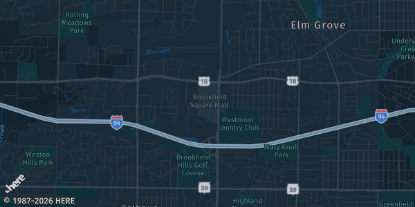 Map of Brookfield, WI. The exact address of Brookfield Square Mall is not known, so the map shows the area rather than a specific building.