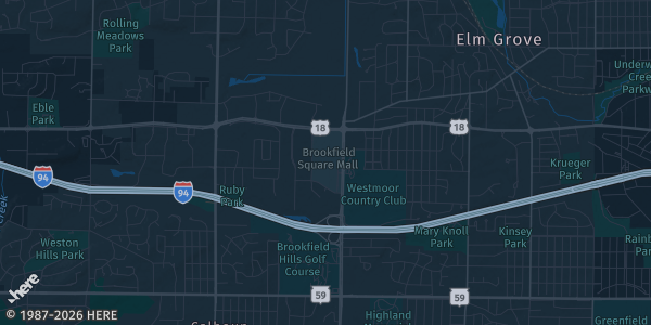 Map of Brookfield, WI. The exact address of Brookfield Square Mall is not known, so the map shows the area rather than a specific building.