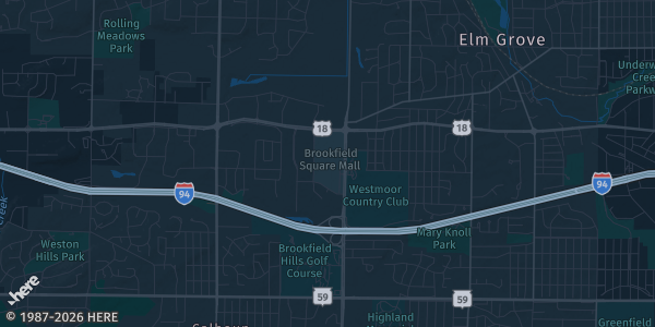 Map of Brookfield, WI. The exact address of Brookfield Square Mall is not known, so the map shows the area rather than a specific building.