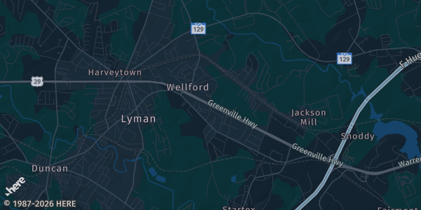 Map of Wellford, SC. The exact address of Nara Hall is not known, so the map shows the area rather than a specific building.