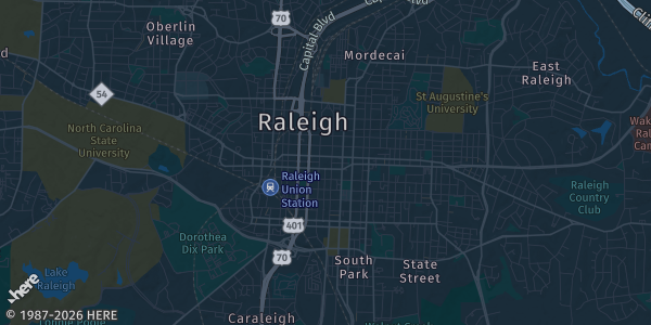 Map of Raleigh, NC. The exact address of Kerr Scott Building, NC State Fairgrounds is not known, so the map shows the area rather than a specific building.