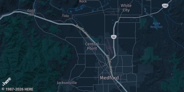 Map of Central Point, OR. The exact address of Seven Feathers Event Center is not known, so the map shows the area rather than a specific building.