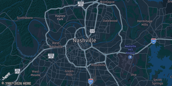 Map of Nashville, TN. The exact address of Nashville-area convention venue (TBA) is not known, so the map shows the area rather than a specific building.