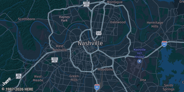 Map of Nashville, TN. The exact address of Nashville-area convention venue (TBA) is not known, so the map shows the area rather than a specific building.