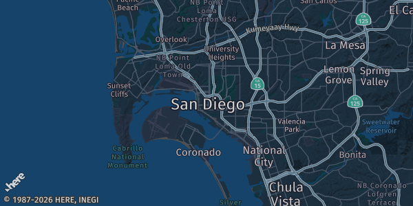 Map of San Diego, CA. The exact address of San Diego (venue TBA — see tradingcardcon.com) is not known, so the map shows the area rather than a specific building.