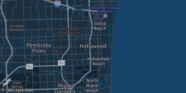 Map of Hollywood, FL. The exact address of Seminole Hard Rock is not known, so the map shows the area rather than a specific building.
