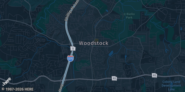 Map of Woodstock, GA. The exact address of The WREC (Woodstock Rec Center) is not known, so the map shows the area rather than a specific building.