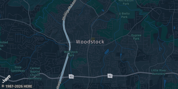 Map of Woodstock, GA. The exact address of The WREC (Woodstock Rec Center) is not known, so the map shows the area rather than a specific building.
