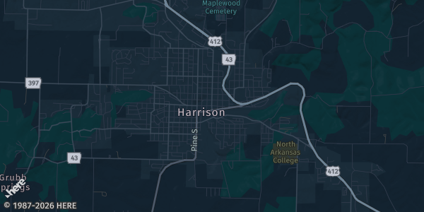 Map of Harrison, AR. The exact address of C & P Sports Cards is not known, so the map shows the area rather than a specific building.