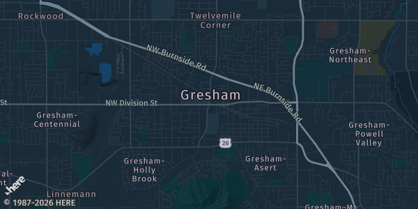 Map of Gresham, OR. The exact address of Gresham Town Fair is not known, so the map shows the area rather than a specific building.