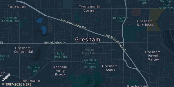Map of Gresham, OR. The exact address of Gresham Town Fair is not known, so the map shows the area rather than a specific building.