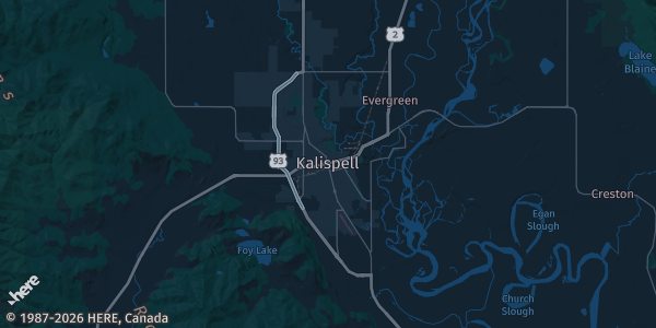 Map of Kalispell, MT. The exact address of Hilton Garden Inn Ballroom is not known, so the map shows the area rather than a specific building.